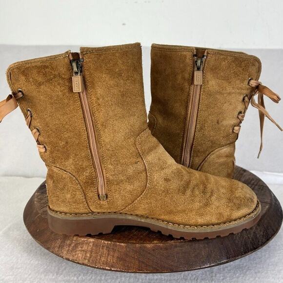 UGG Boots Kids Size 4 Corene Chestnut Suede Lace Up Side Zip - Picture 4 of 9
